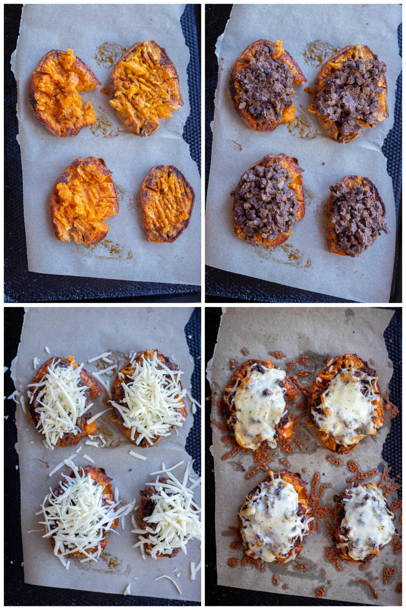 showing how to assemble the black bean roasted sweet potatoes