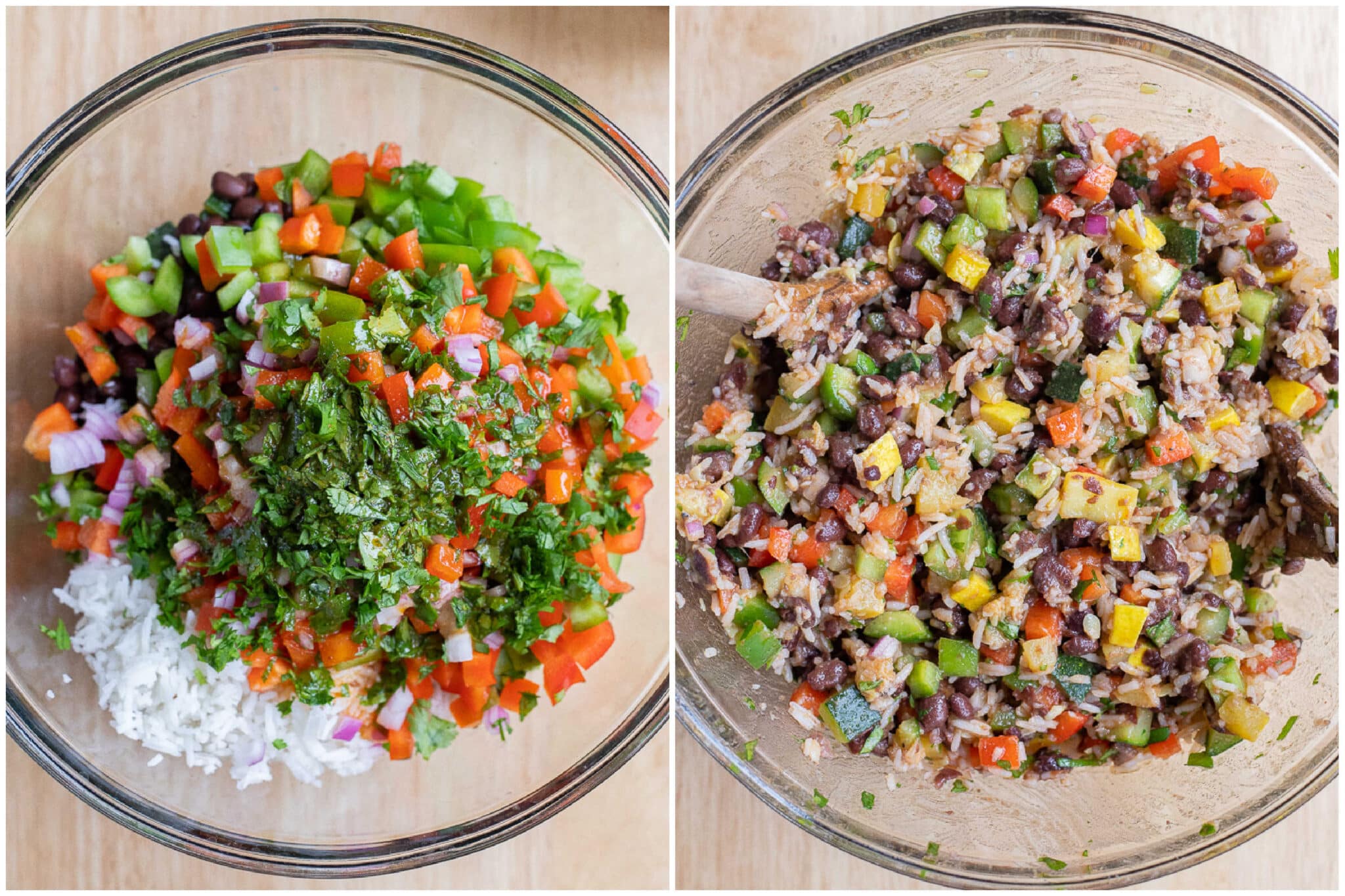 smoky paprika black bean salad before and after it has been mixed up