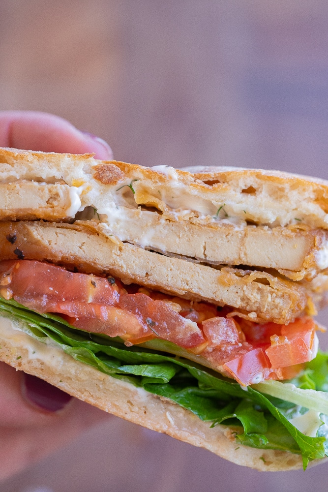 close up of a vegan BLT sandwich