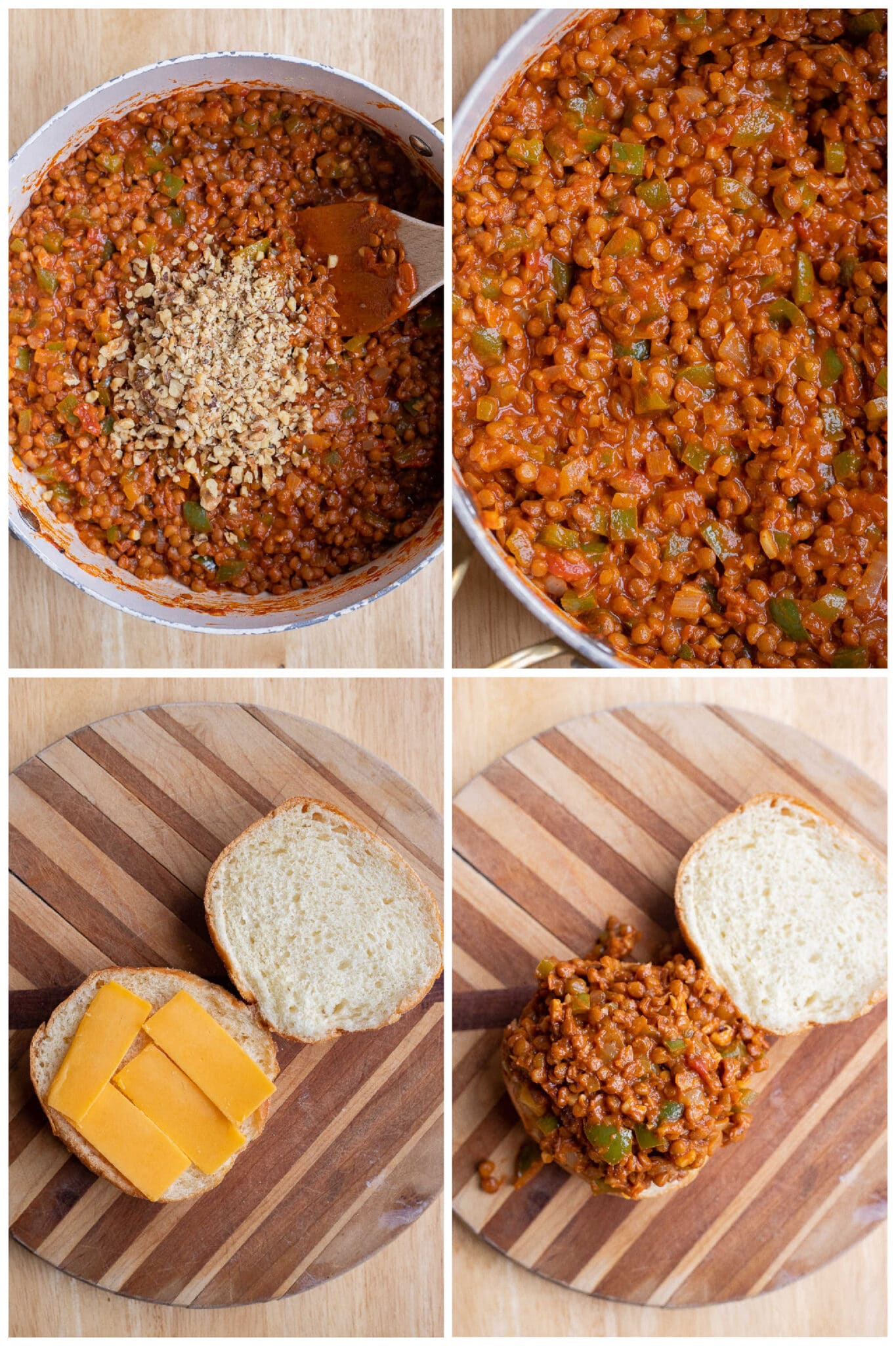 Showing how to assemble the vegetarian lentil sloppy joes on a bun with cheese