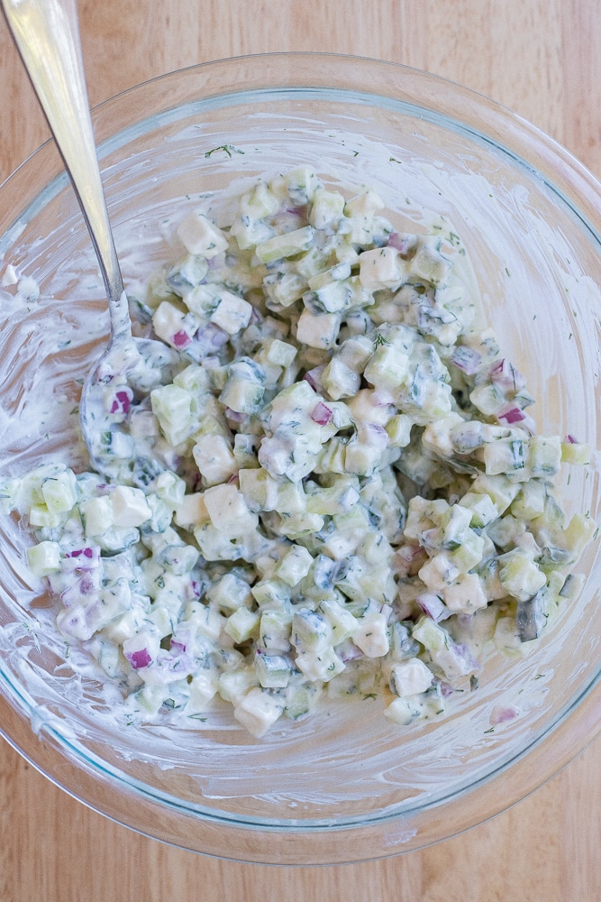 chunky tzatziki cucumber salad in a serving bowl