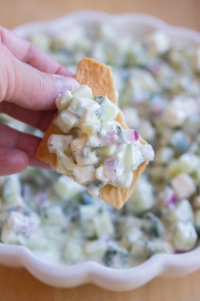 close up of creamy cucumber dip on a pita chip