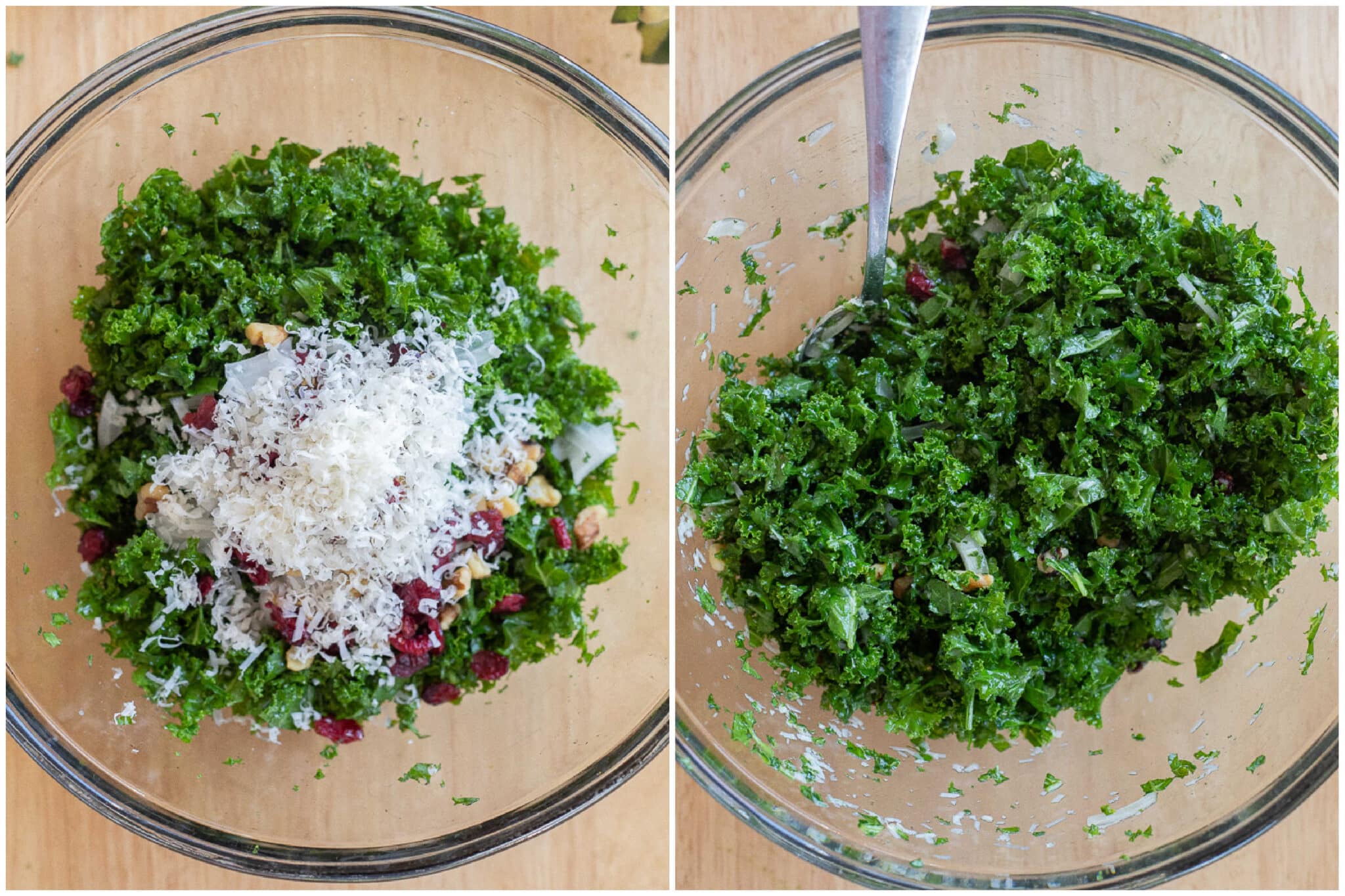 Showing how to make the kale salad with parmesan cheese, dried cranberries and walnuts