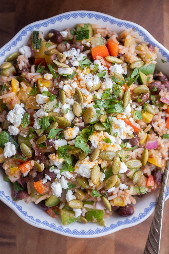 Close up of a bowl of smoky paprika black bean salad