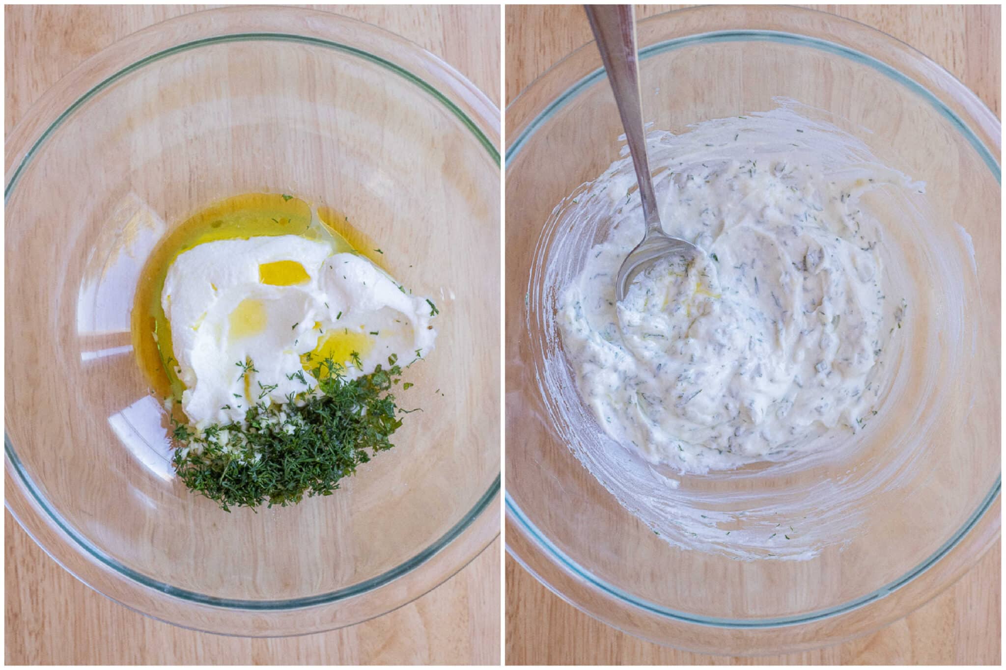 Showing how to make the tzatziki sauce dressing for the cucumber salad