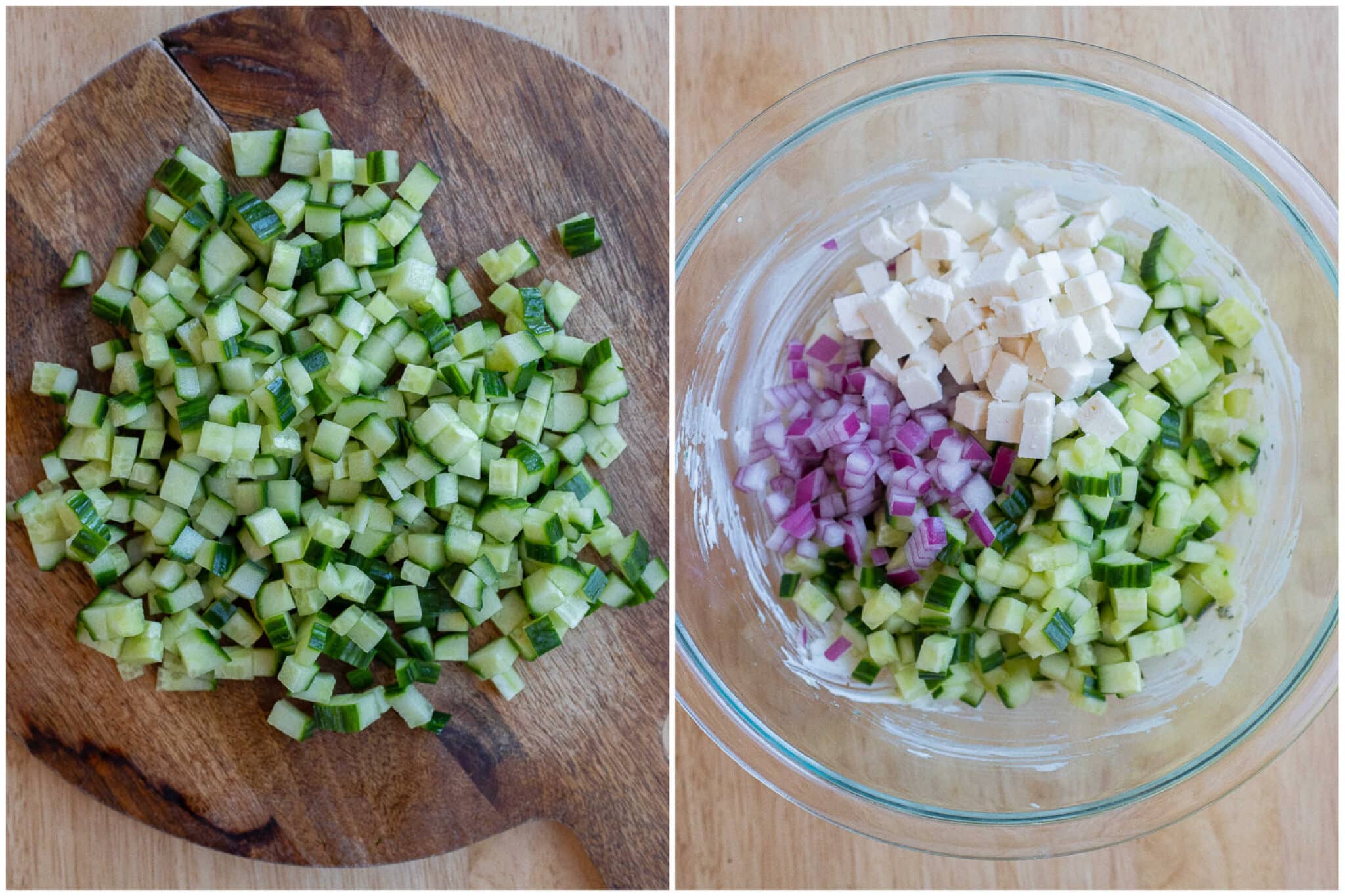 cubed cucumber in a bowl with feta cheese and red onion