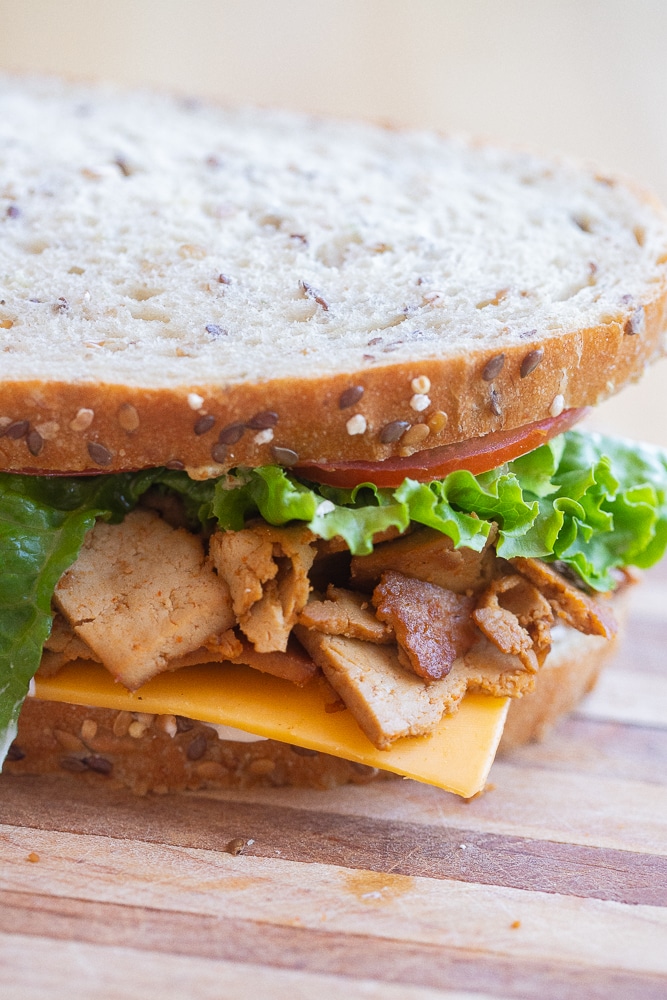 close up of a vegetarian turkey sandwich