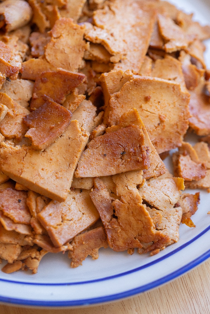 close up of a plate of sweet and smoky tofu lunch meat