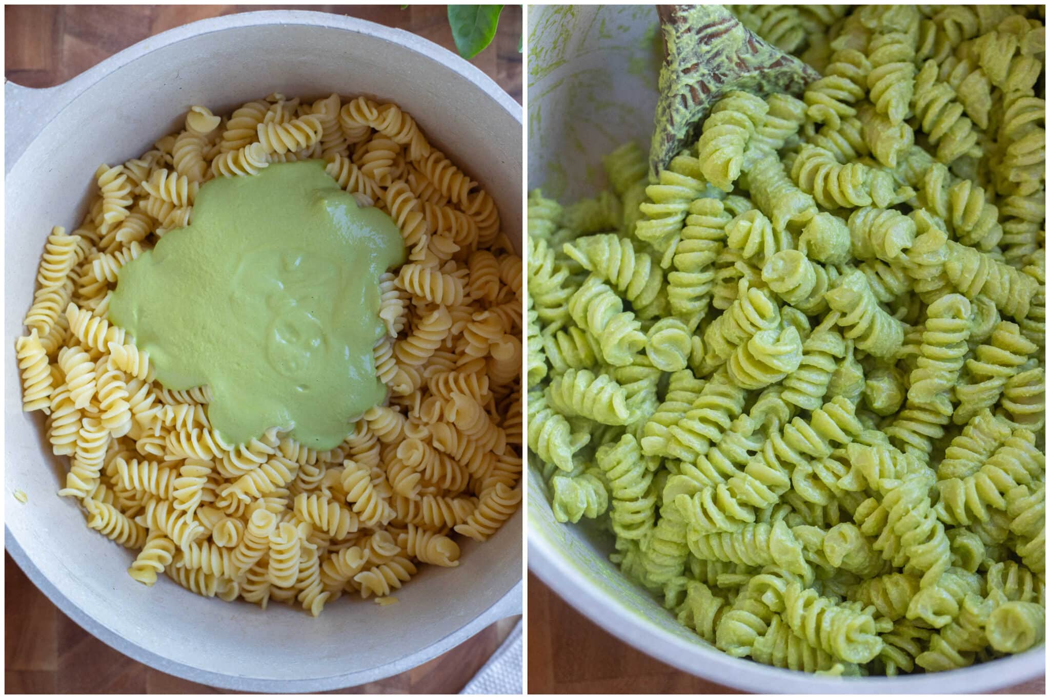 adding the lemon basil sauce to the pasta and mixing it in