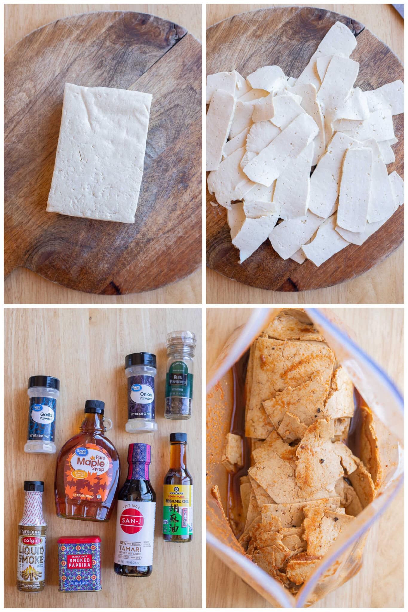 showing how to slice the tofu and all ingredients needed for the smoky marinade