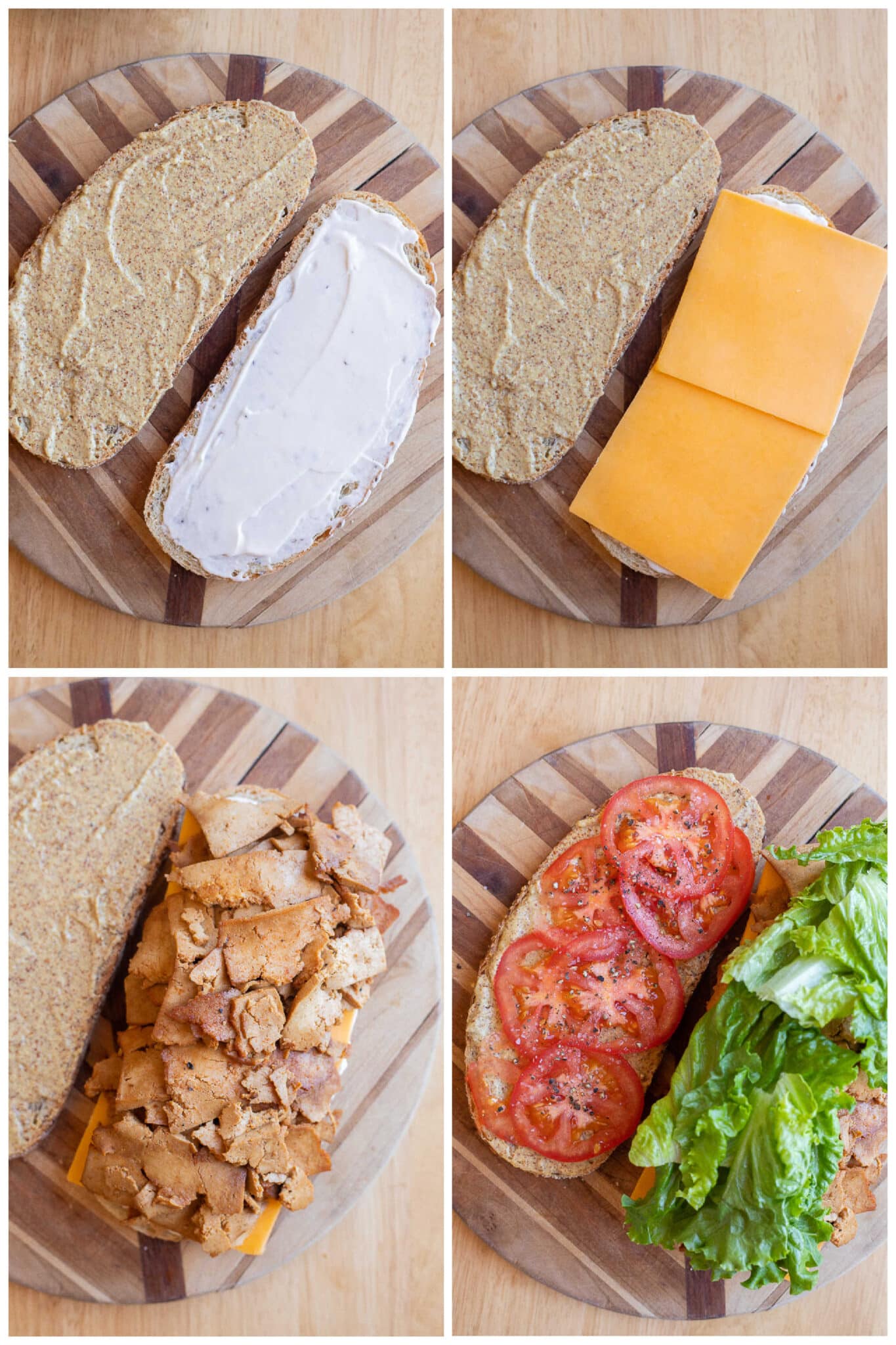 showing how to assemble a sandwich using plant based deli meat
