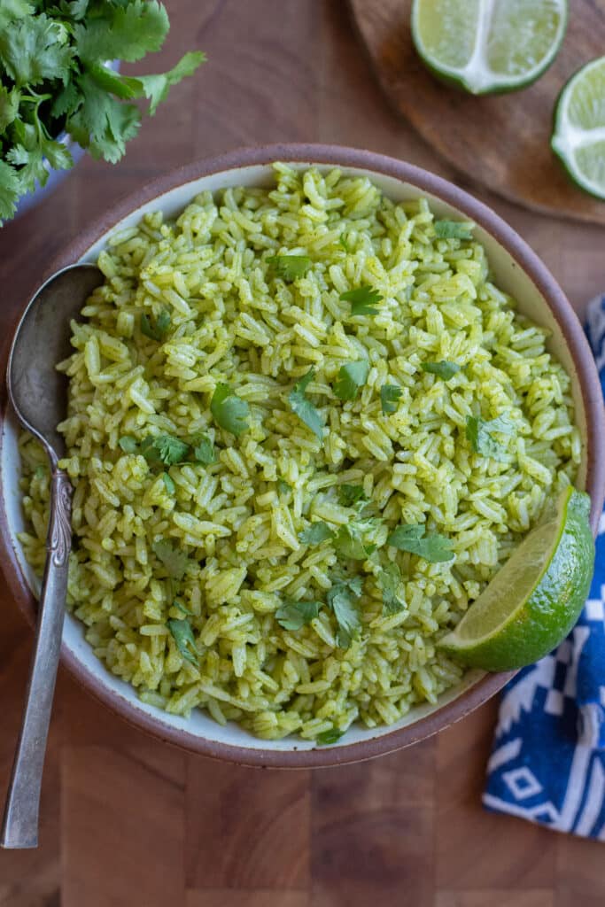 a serving bowl full of homemade cilantro lime rice