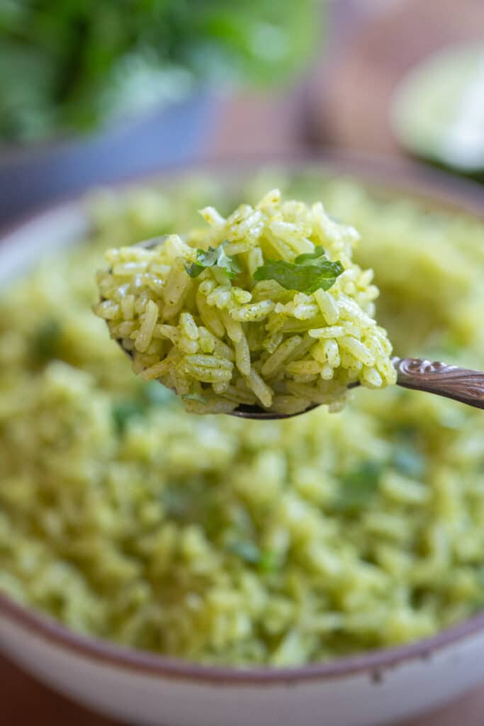 Spoonful of green cilantro lime rice