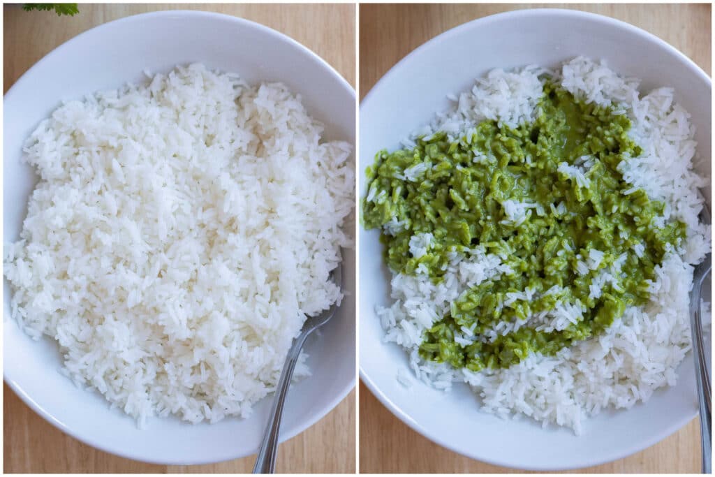 cilantro lime dressing being poured over white rice