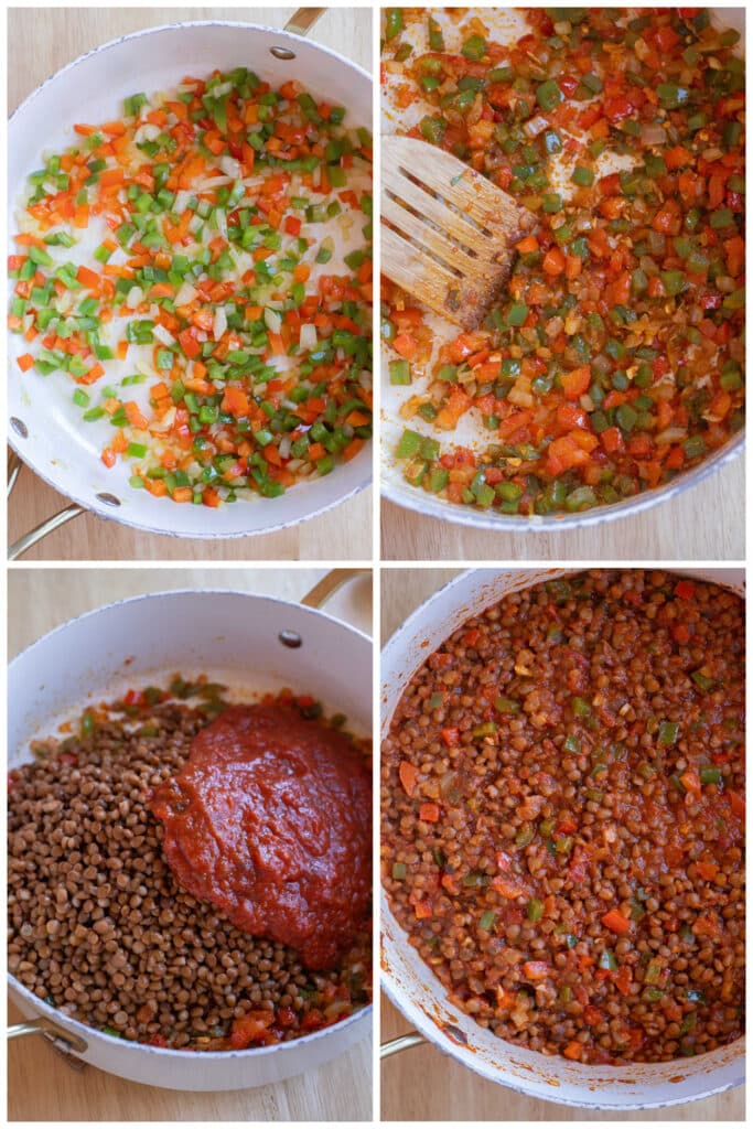 showing how to cook the vegetables and lentils together for these vegetarian meatball subs