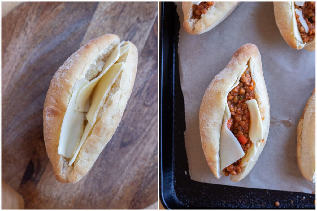 Assembling the lentil pizza subs on a baking sheet