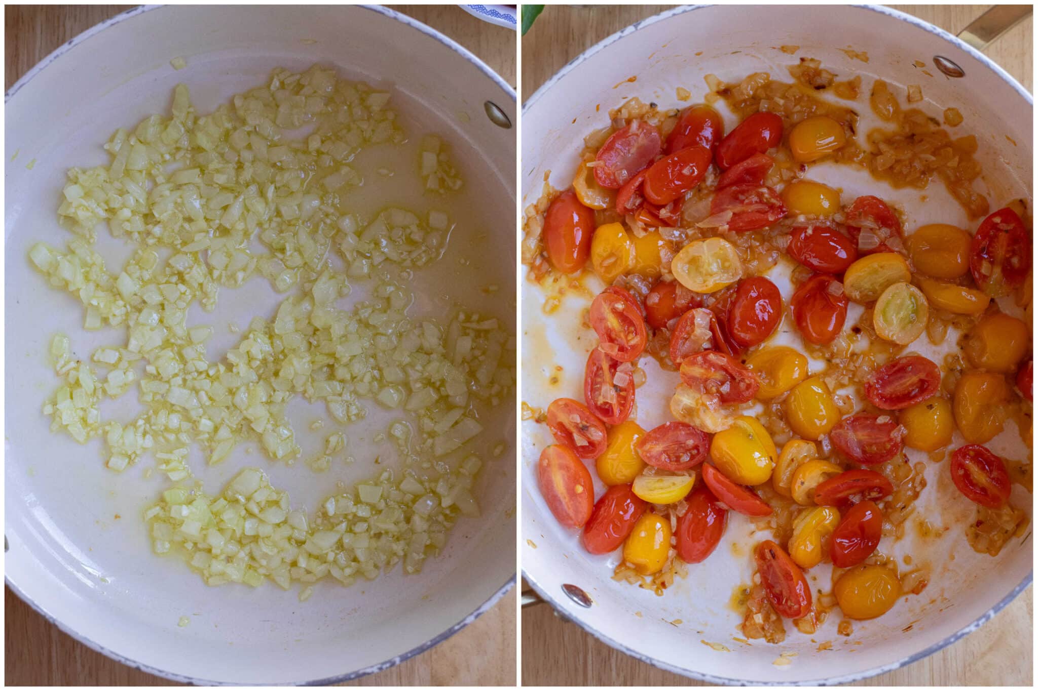 showing how to prepare the garlic, onion and cherry tomatoes