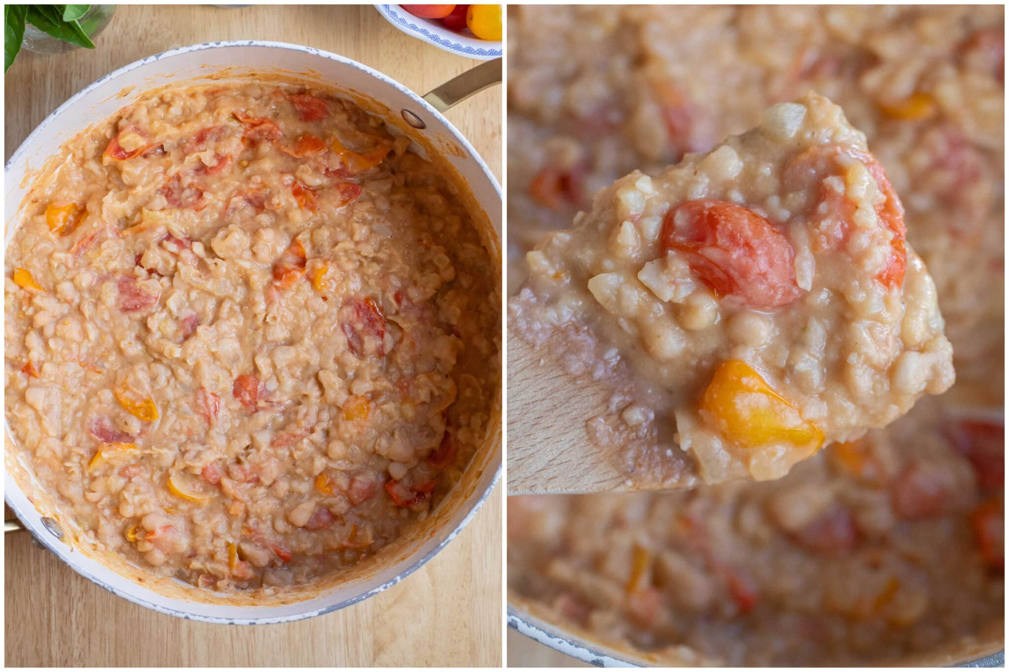 refried white beans with cherry tomatoes in a pan