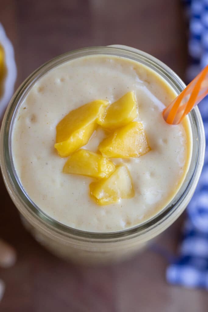 Close up of a white bean mango smoothie