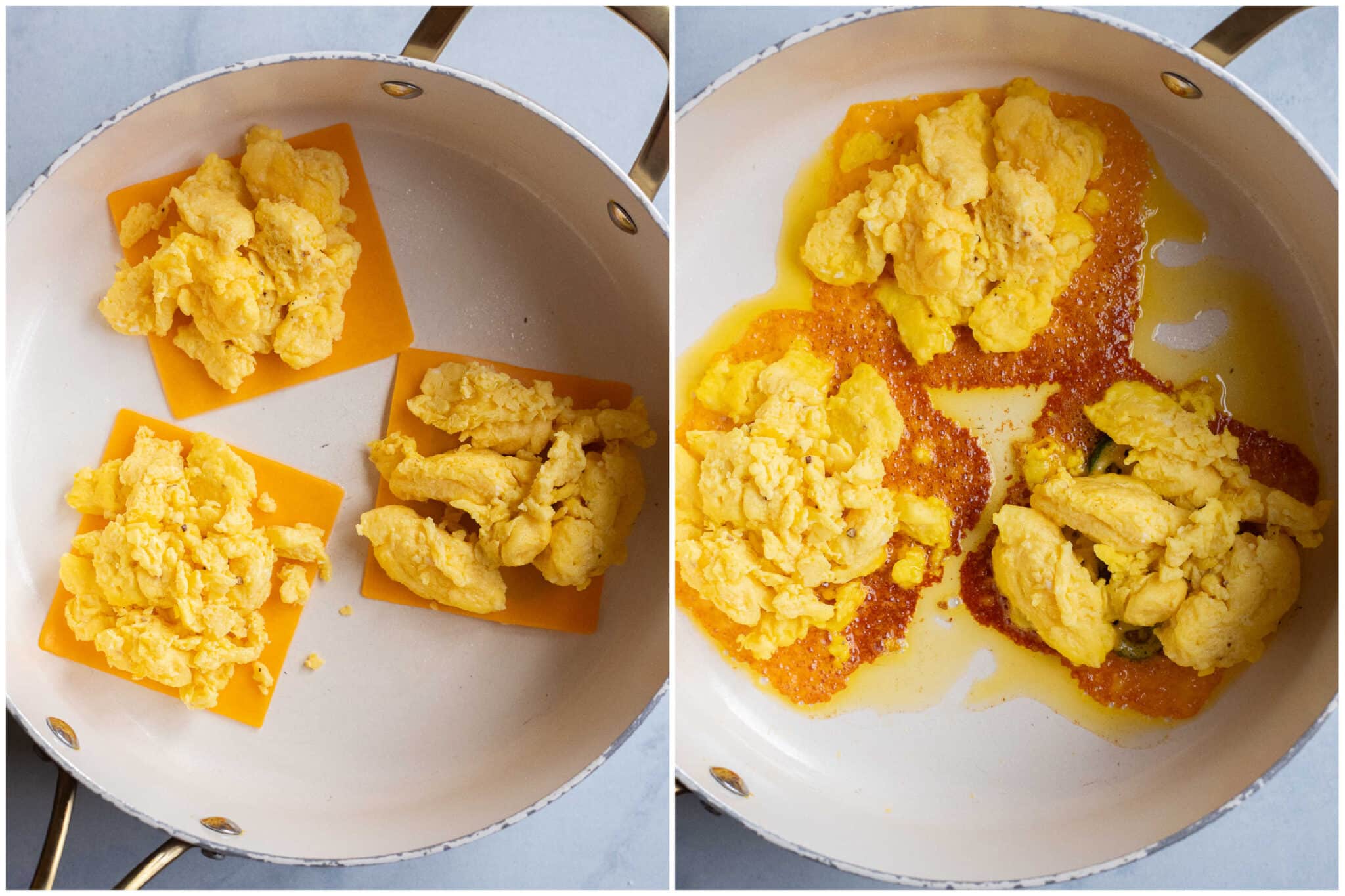 crispy cheese and scrambled eggs in the bottom of a pan