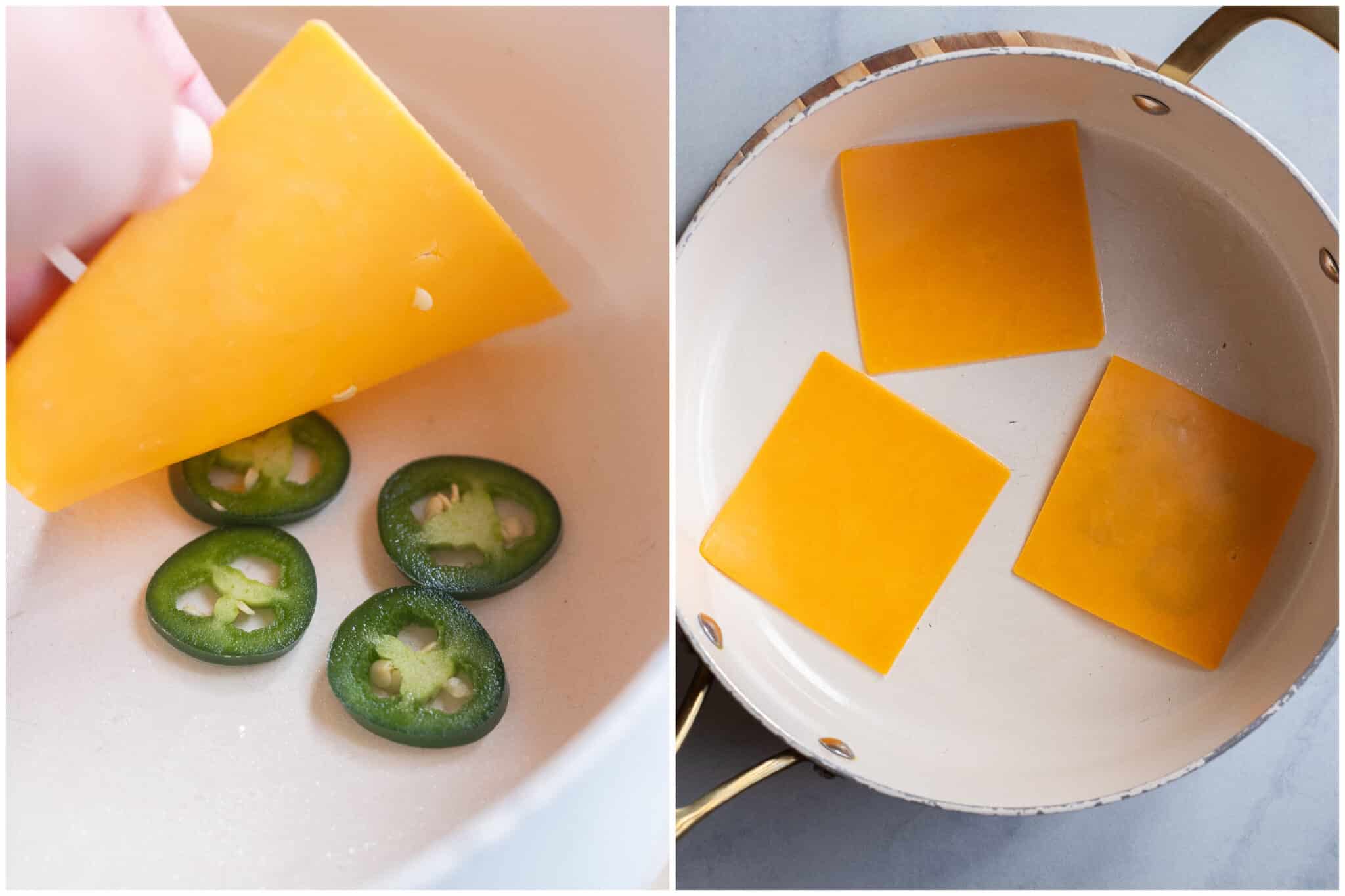 showing how to lay down the jalapeños and cheese for these breakfast sandwiches