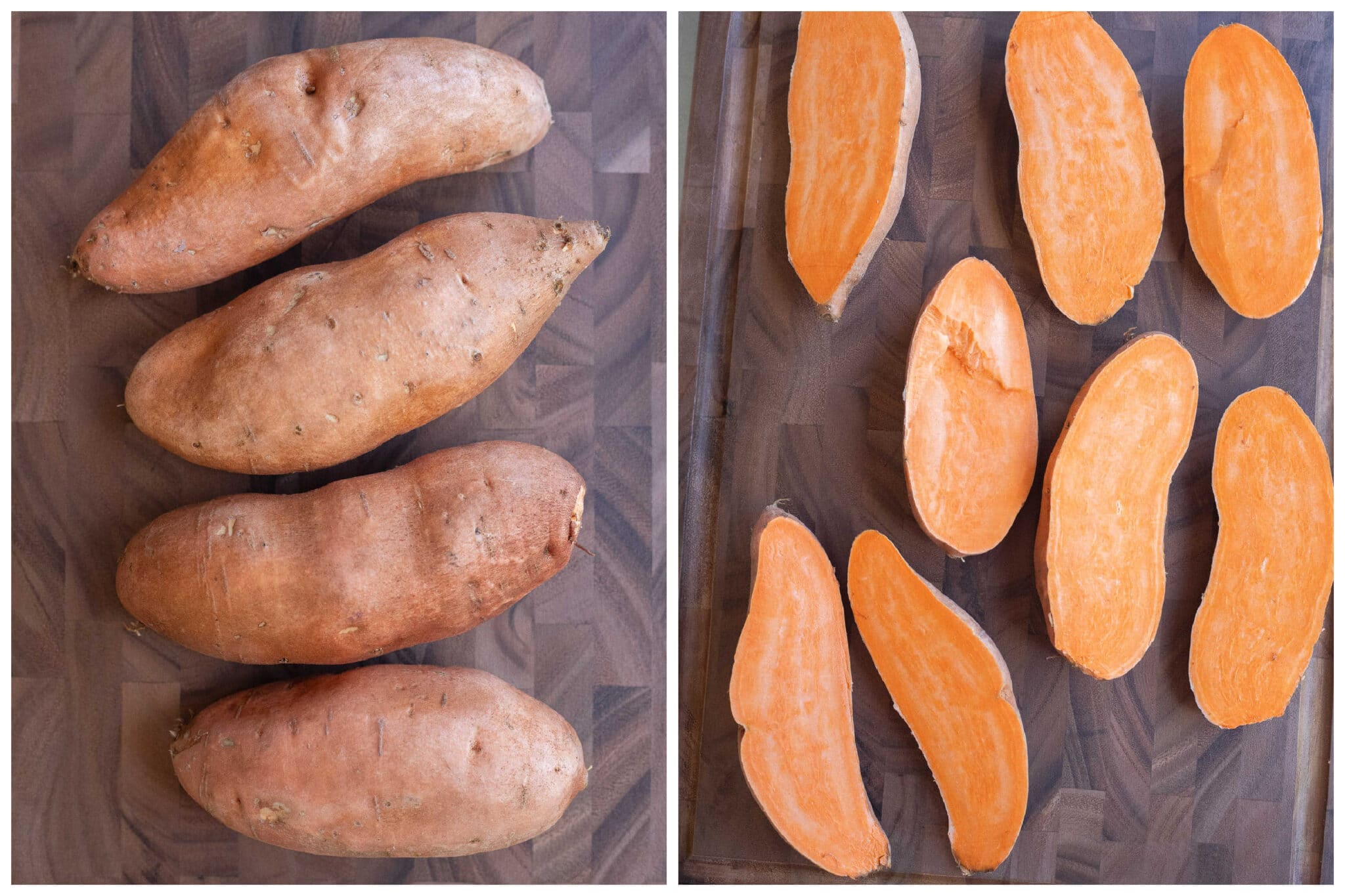 sweet potatoes that have been sliced in half, horizontally.