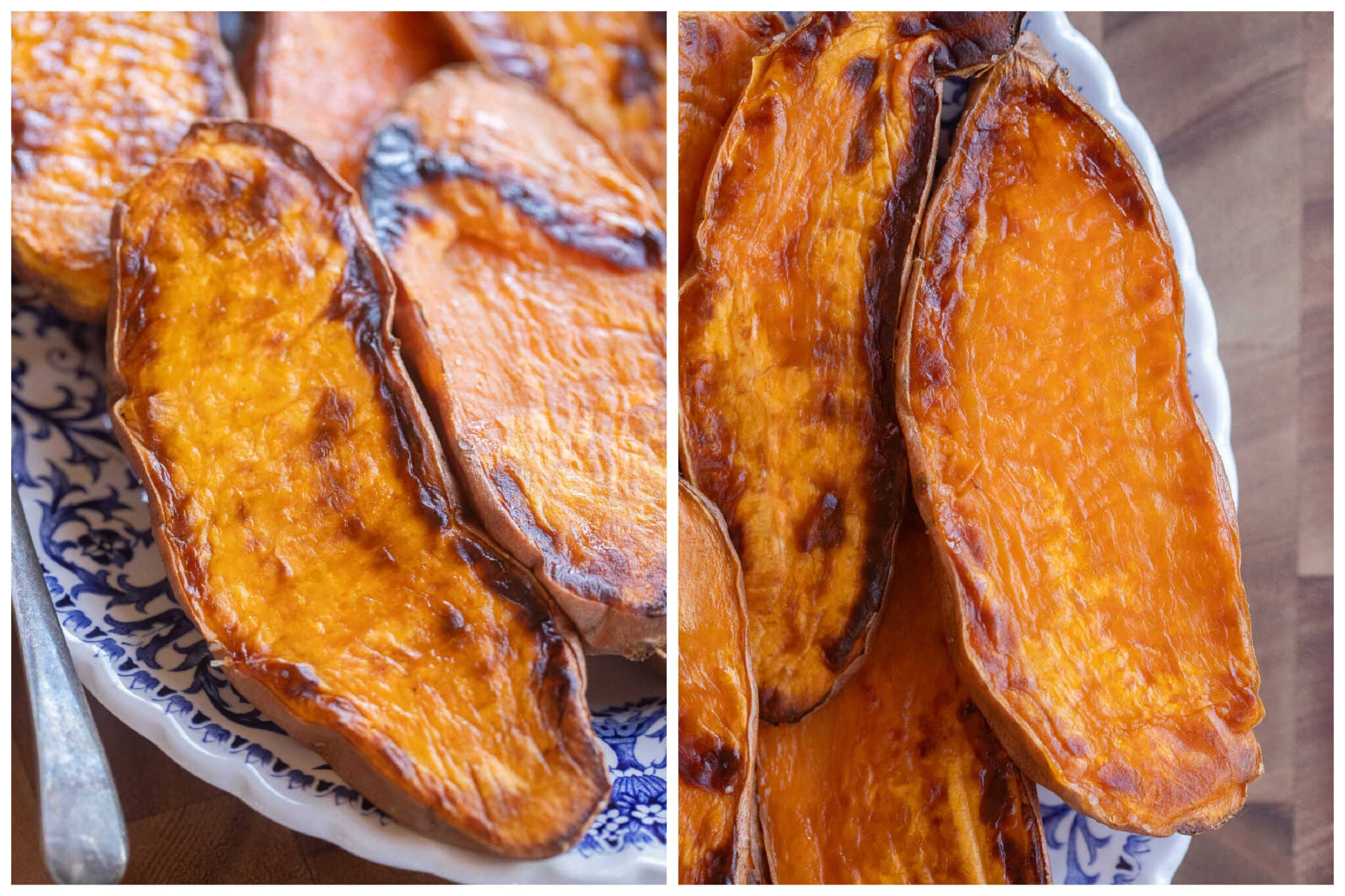 close up of two different roasted sweet potatoes