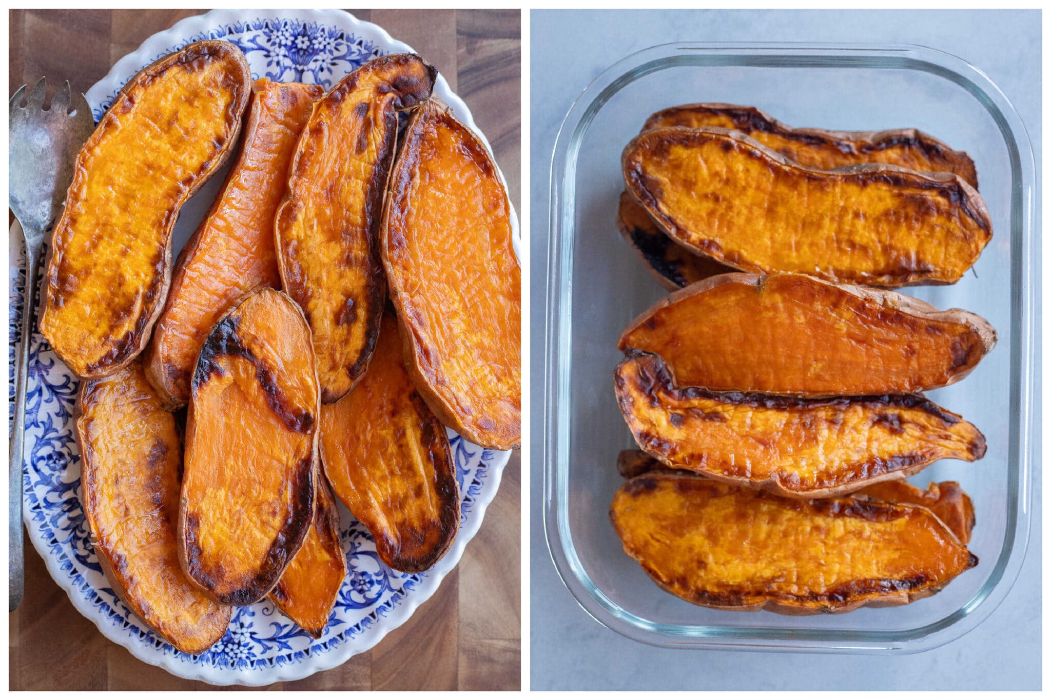 roasted sweet potatoes in a glass meal prep container