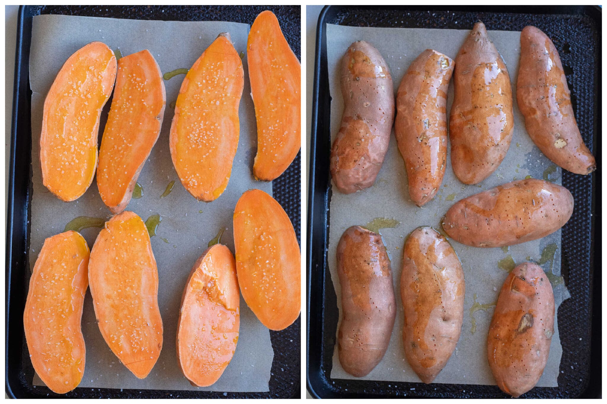 Raw sweet potatoes topped with oil and salt on a sheet pan