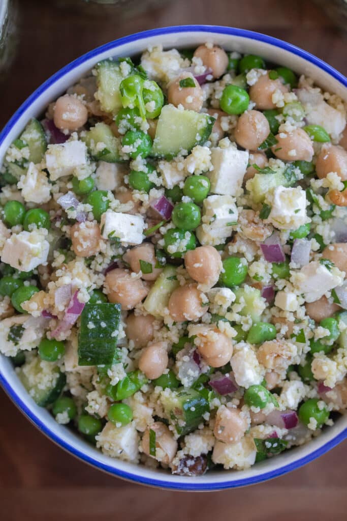 close up of vegetarian sweet pea salad with couscous