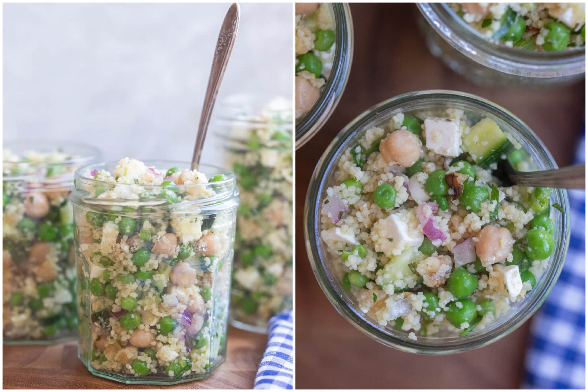 sweet pea salad packed into glass meal prep containers.