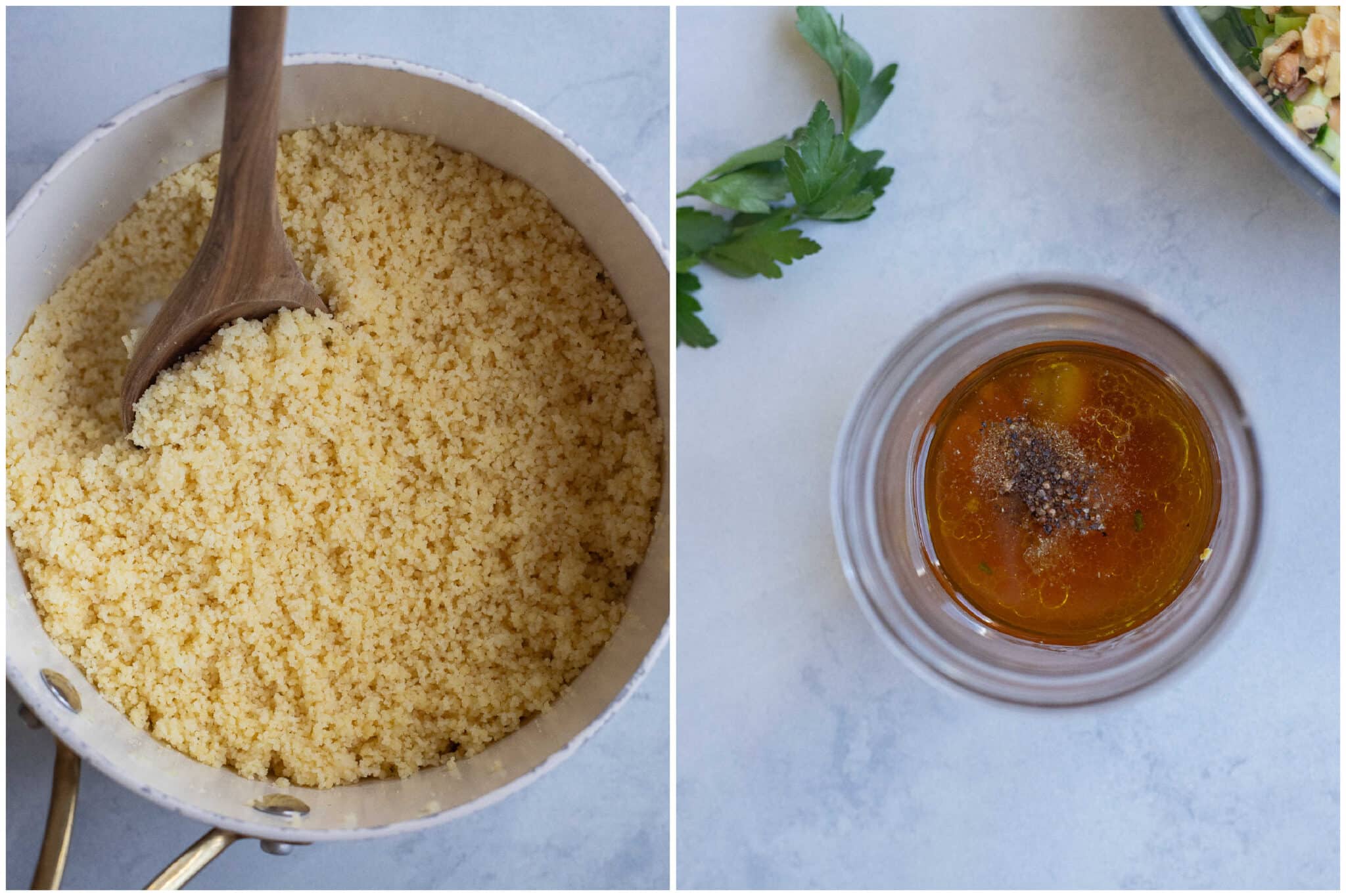 cooked couscous in a pot and salad dressing in a jar