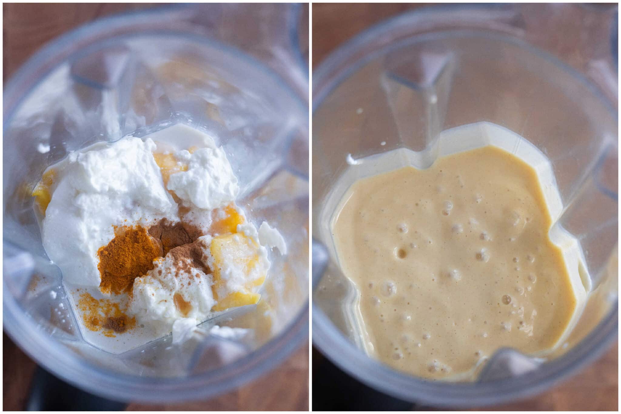 white bean mango smoothie in the blender before and after it has been blended