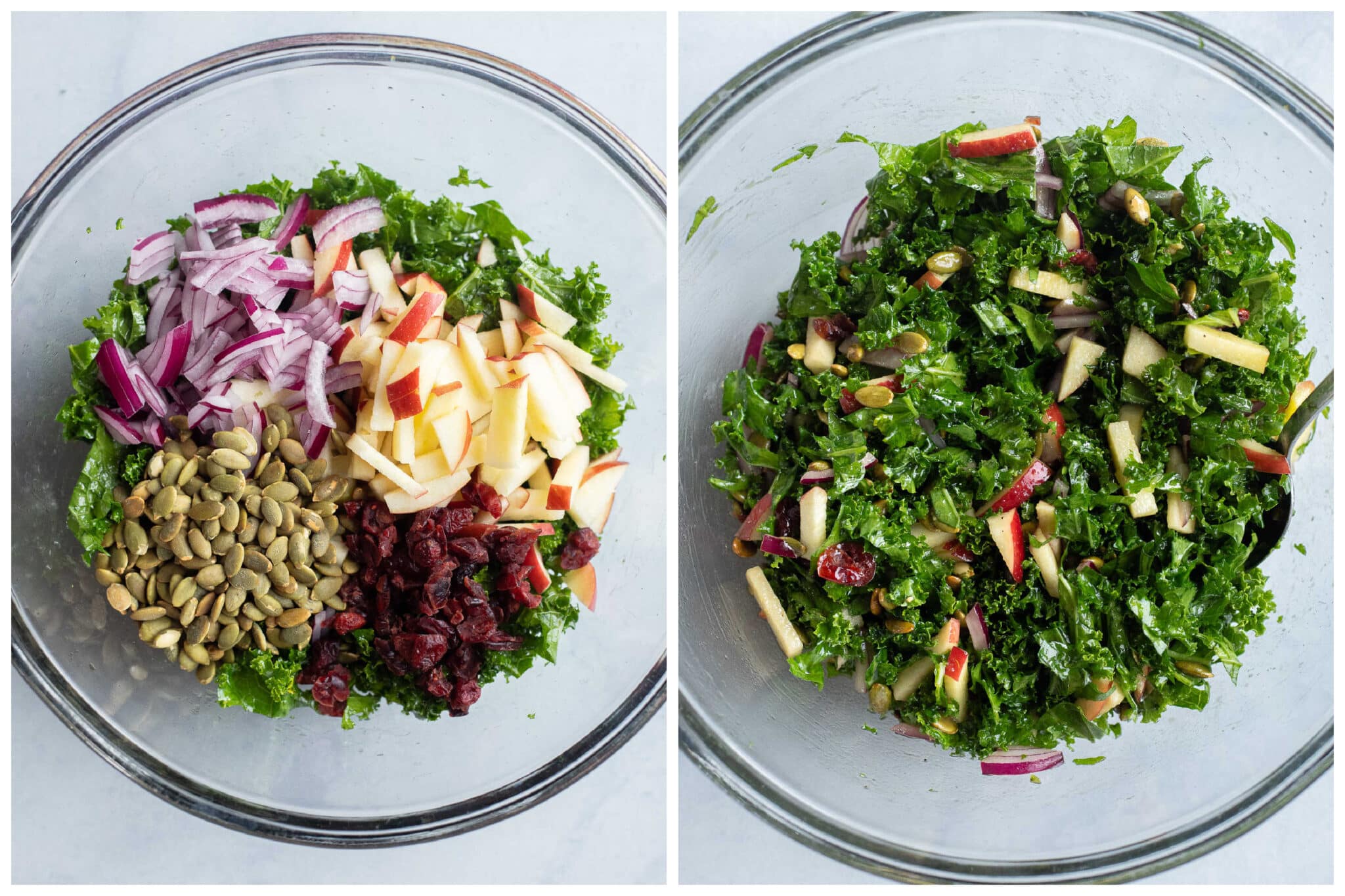 showing how to prepare the apple kale salad in a large bowl