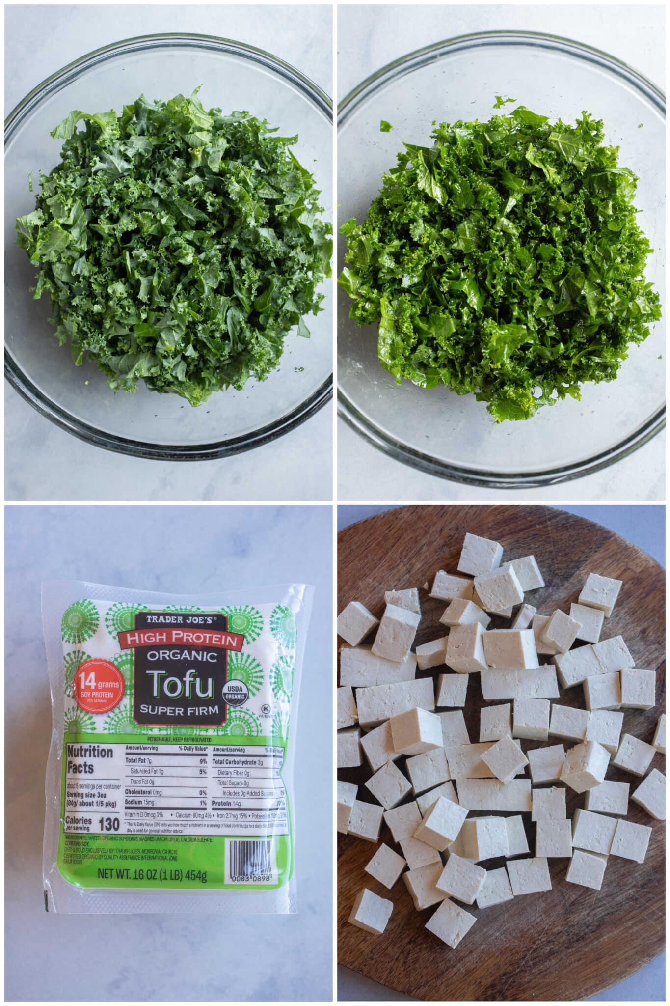 kale salad before and after being massaged with dressing, and tofu cubed up on a cutting board
