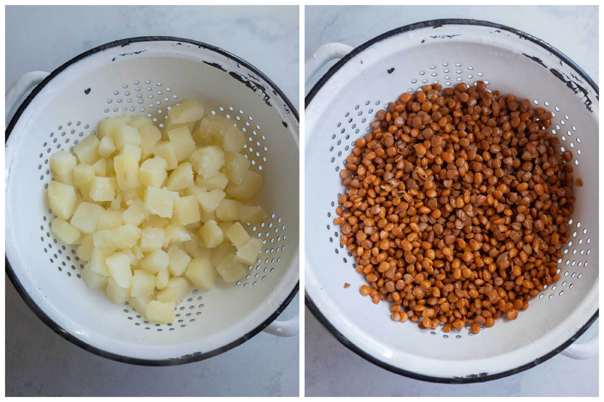 cooked potatoes and lentils in a colander