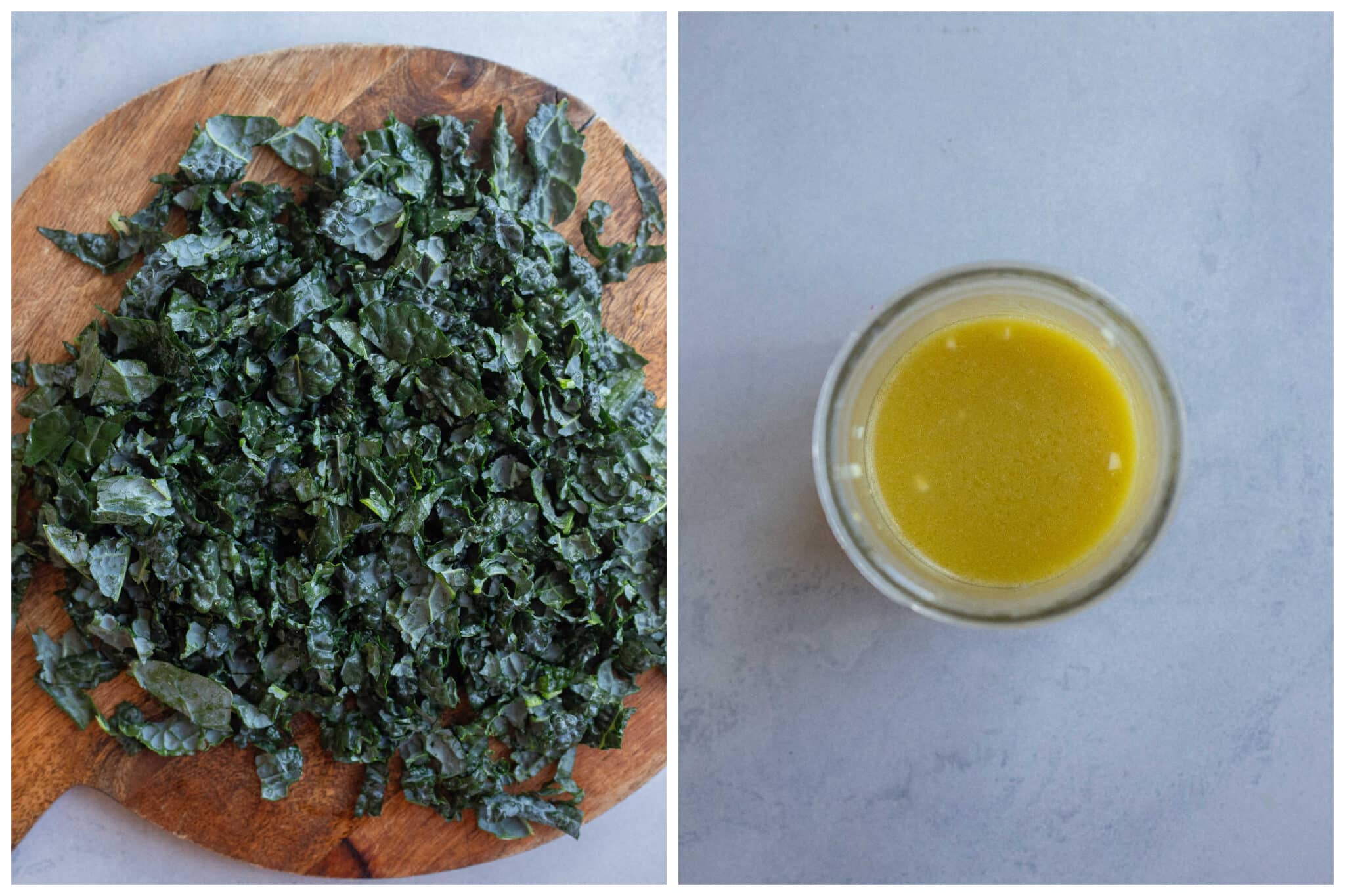 chopped kale on a cutting board and homemade dressing in a jar