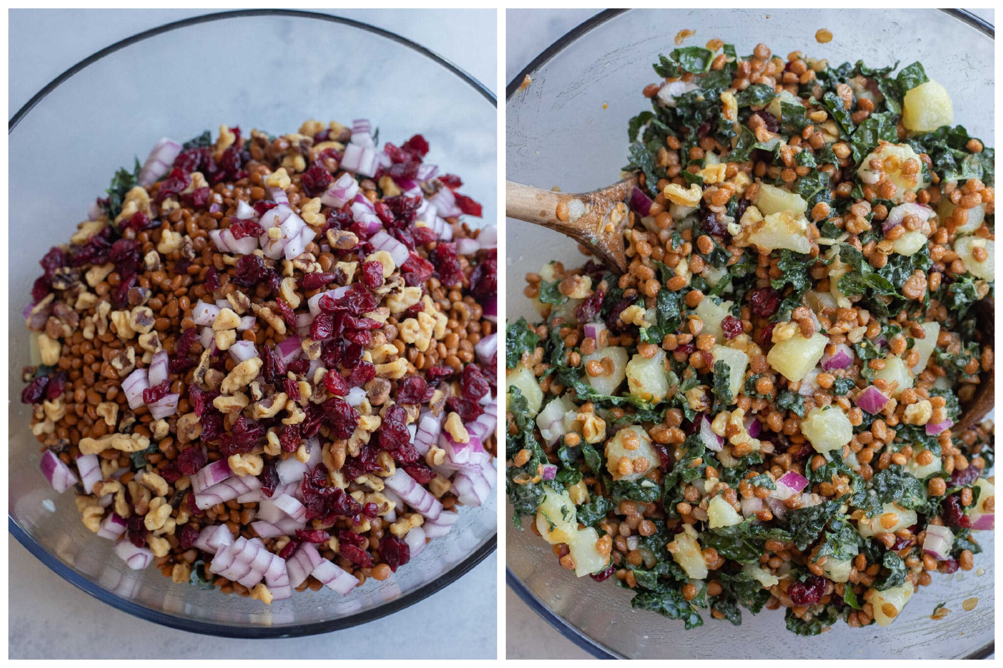 lentil kale and potato salad before and after it has been mixed together