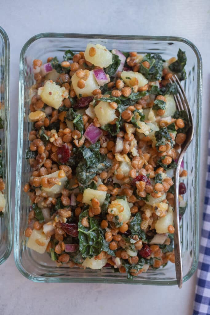 Kale lentil and potato salad in a meal prep container