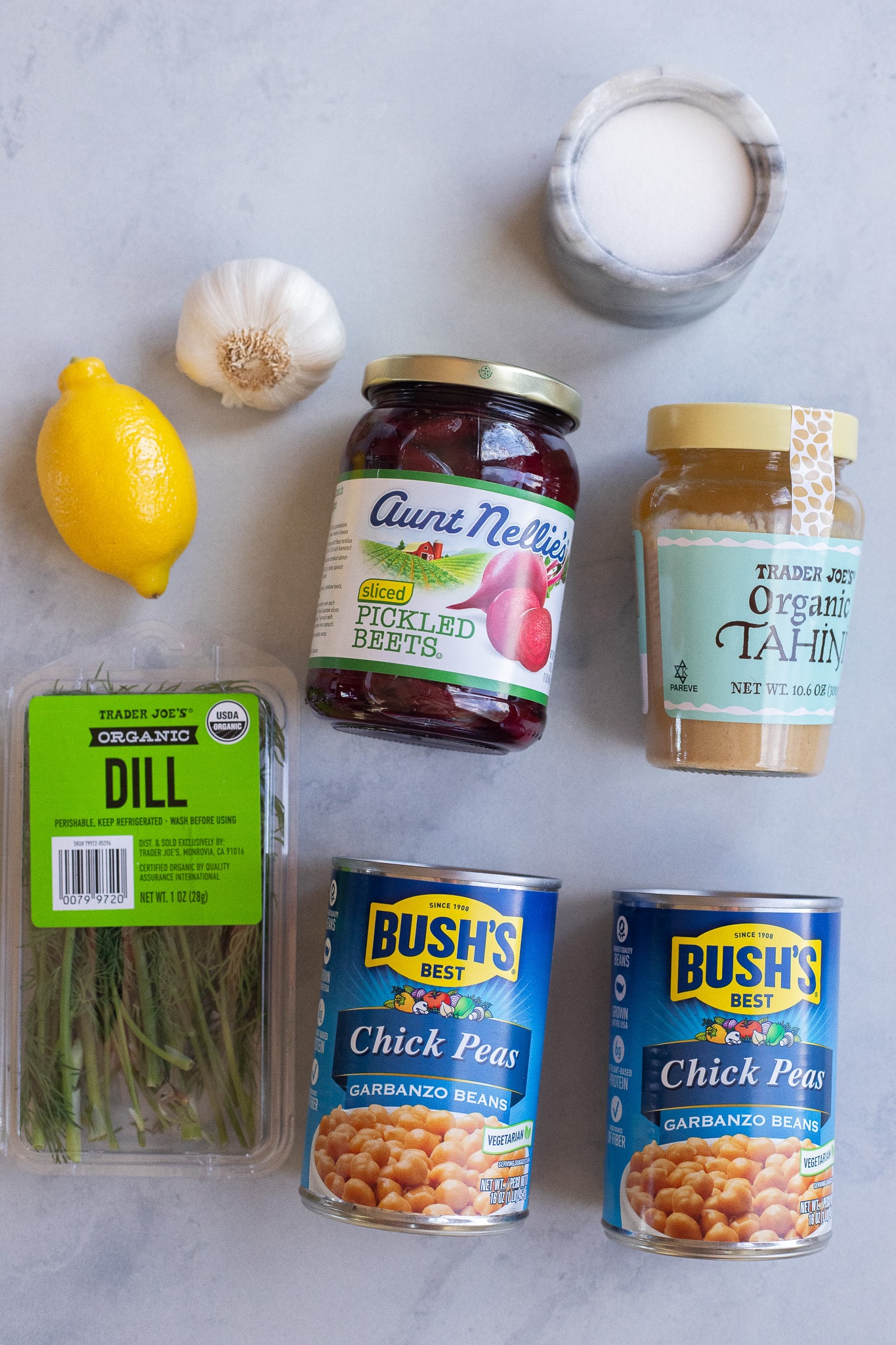 Showing all the ingredients needed to make pickled beetroot hummus