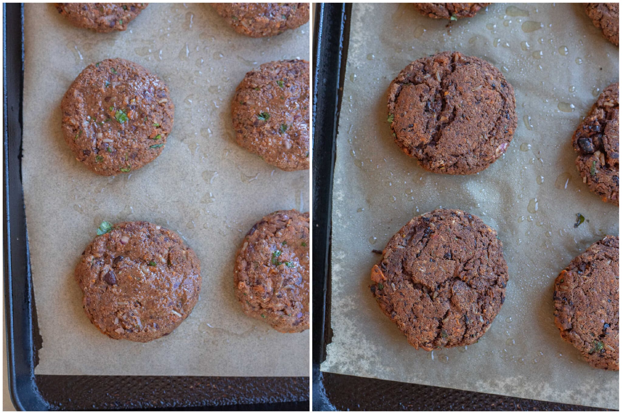 black bean sweet potato patties before and after they have been baked