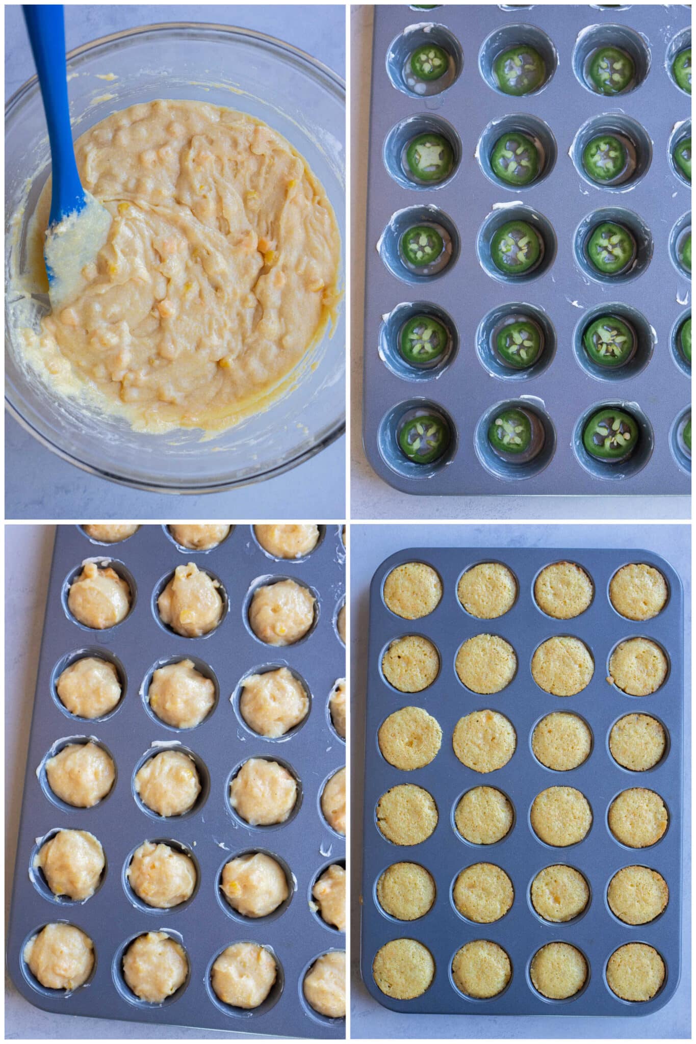 showing how to add the jalapeños and cornbread batter to the muffin tin