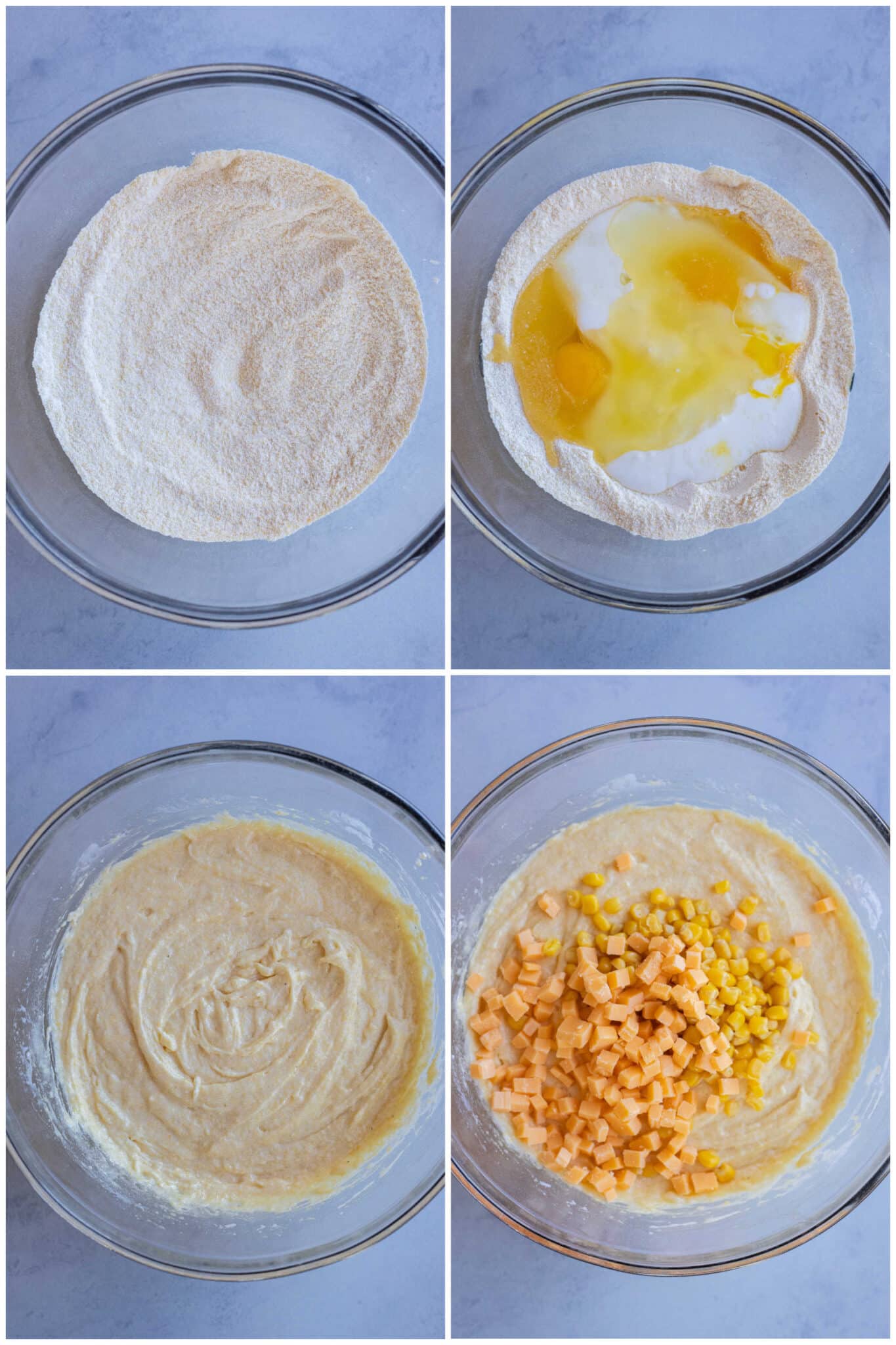 showing how to make the cornbread batter in a large bowl