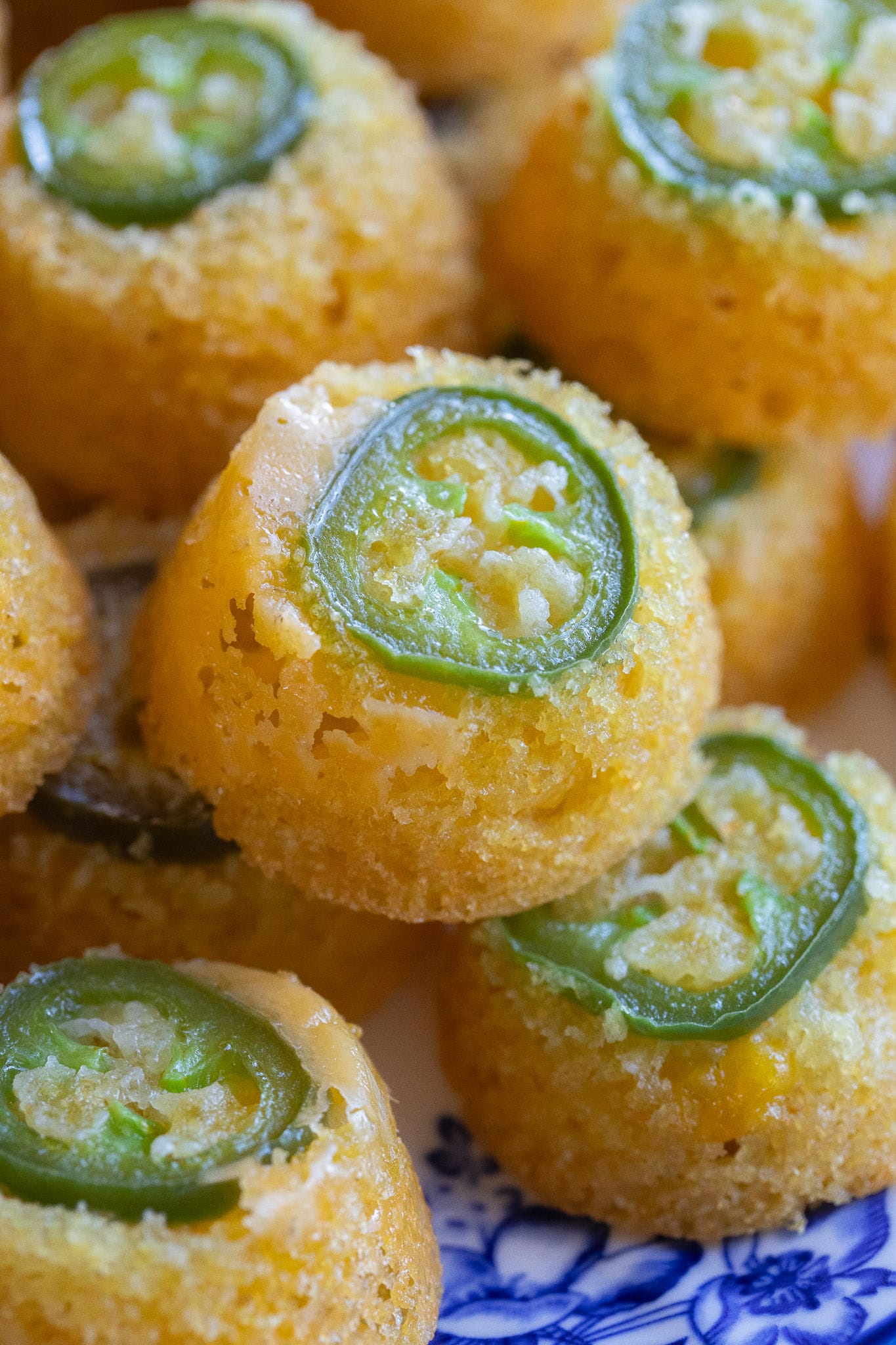 Close up of an upside down jalapeño cornbread bite