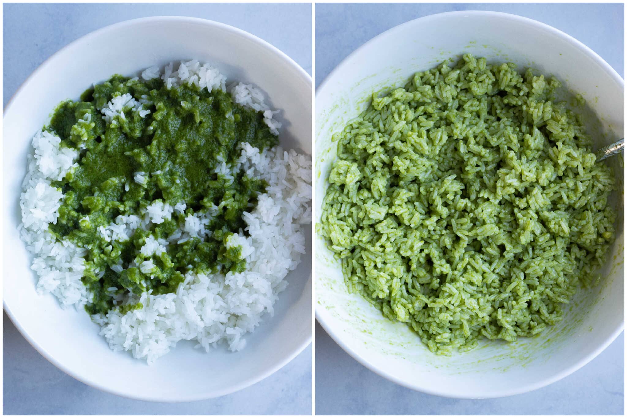 white rice mixed with lemon basil sauce in a big serving bowl