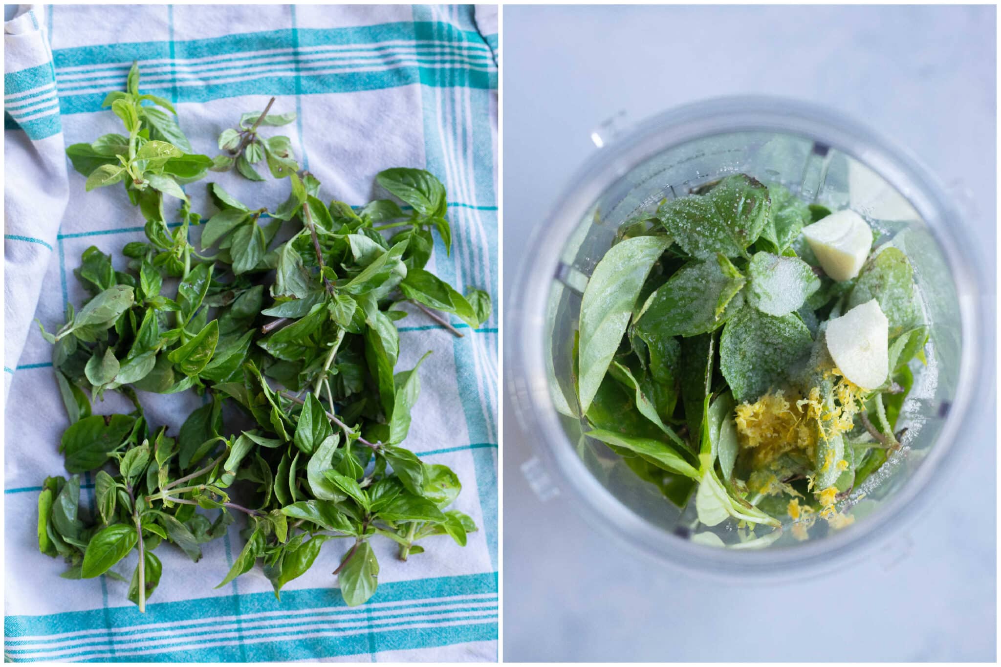 Basil lemon rice ingredients in a blender