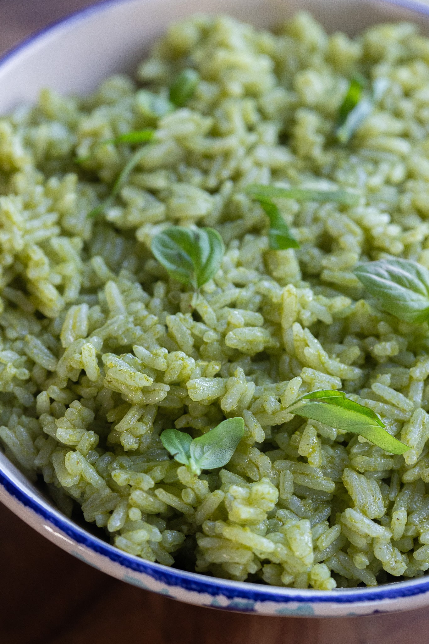 Close up of basil flavored rice in a bowl