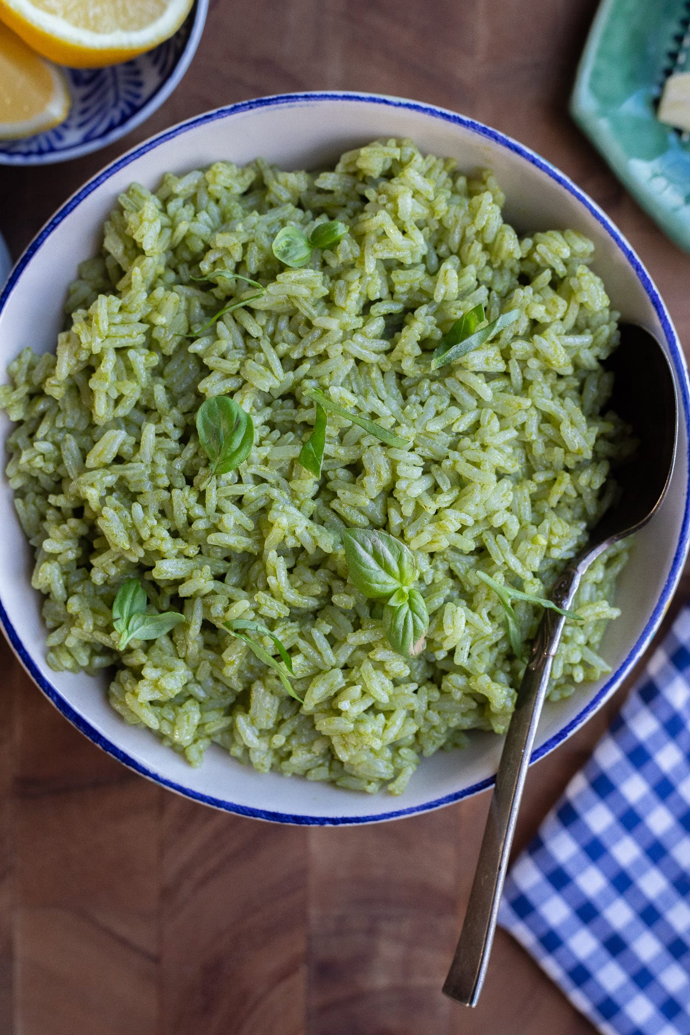 bowl of fresh lemon basil rice with a spoon