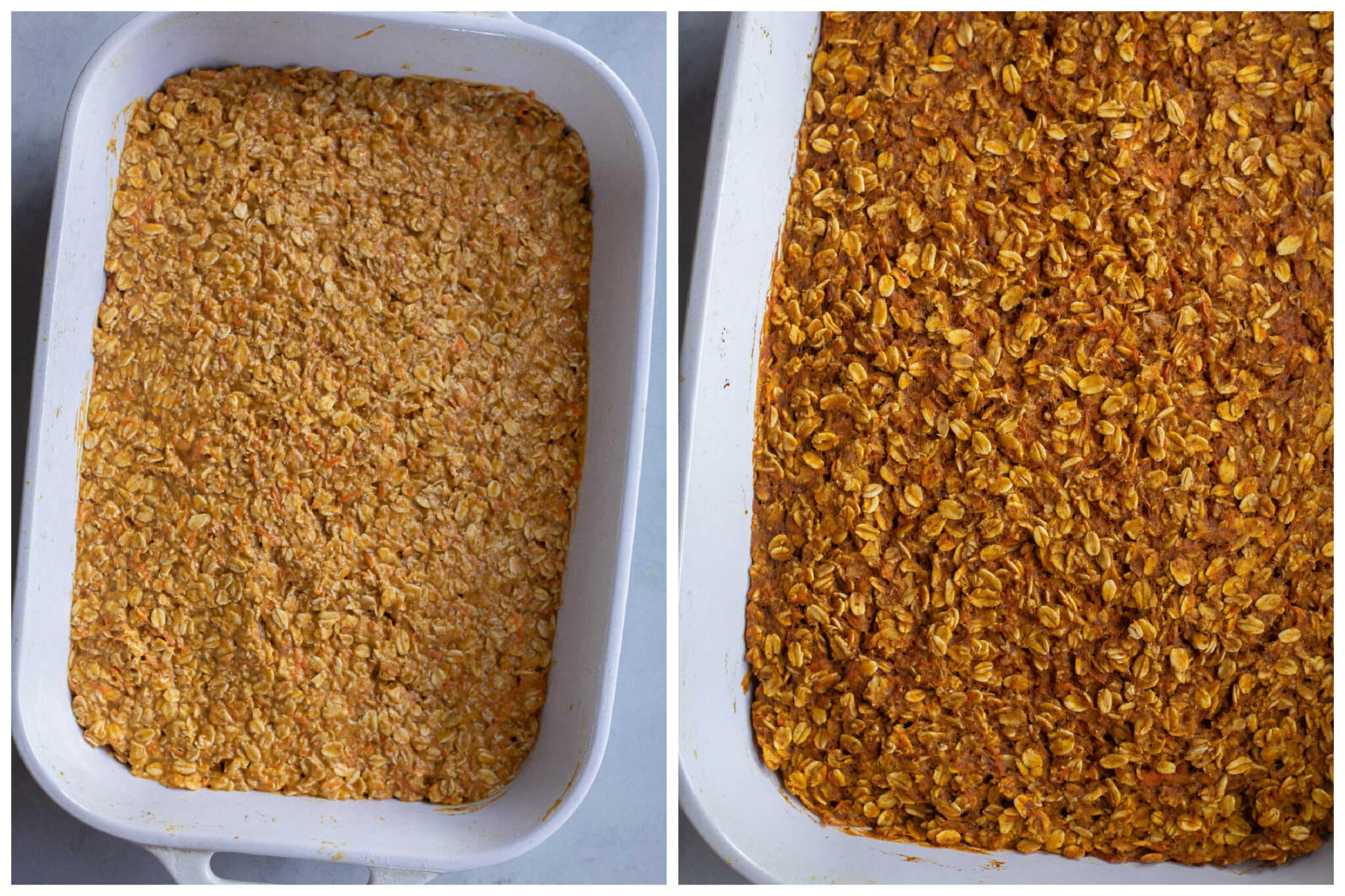 baked pumpkin oatmeal before and after it has been in the oven