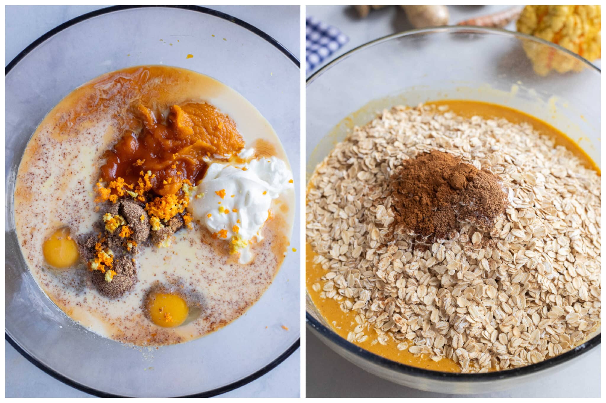 Showing the wet and dry ingredients added to a large mixing bowl for this baked oatmeal recipe